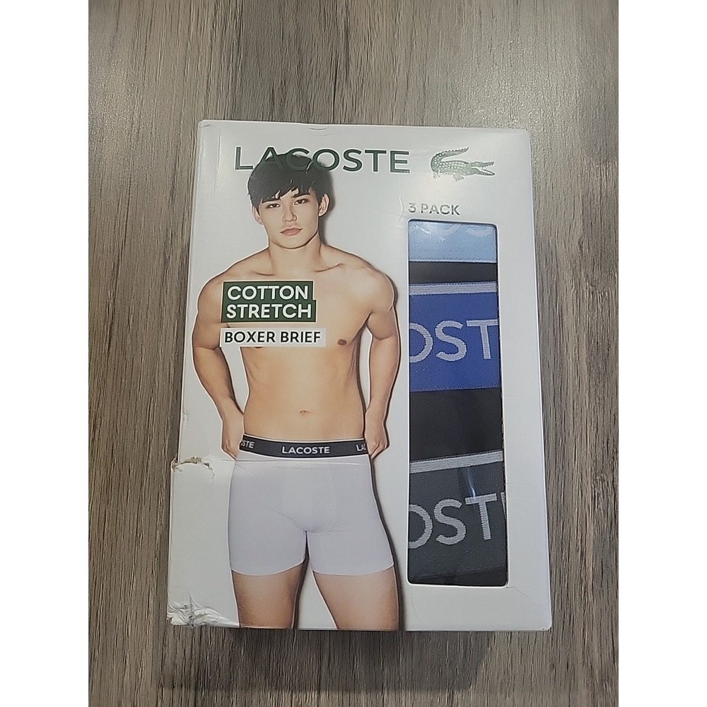 Lacoste 3 Pack Mens Cotton Stretch Boxer Briefs Black, Blue Size Large. Torn Box